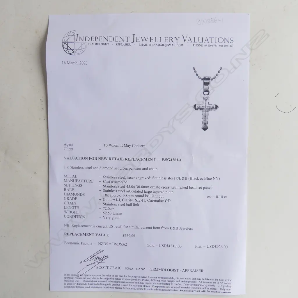 STAINLESS STEEL & DIAMOND CROSS NECKLACE, WITH VALUATION Image 1++