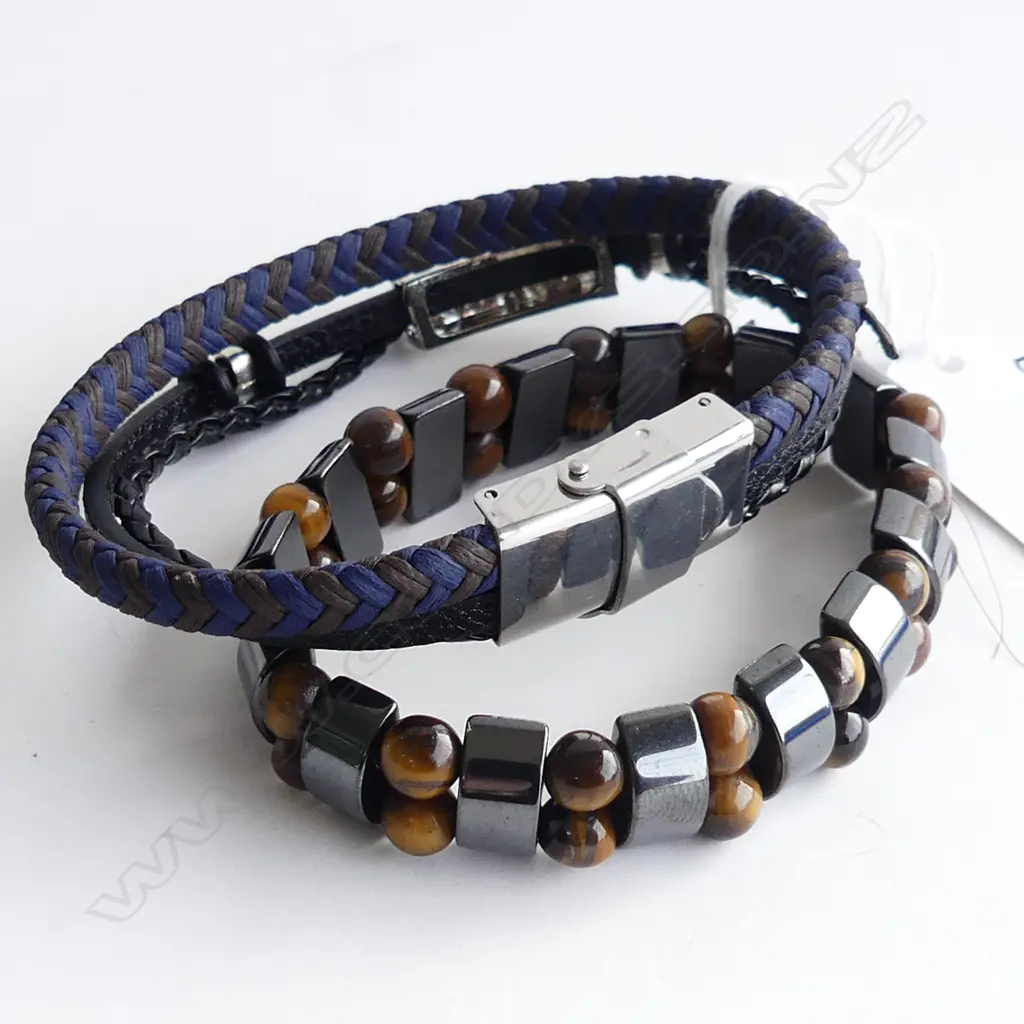 TWO MENS BRACELETS; 1 HEMETITE & TIGERS EYE & ONE LEATHER & STAINLESS STEEL Image 1++