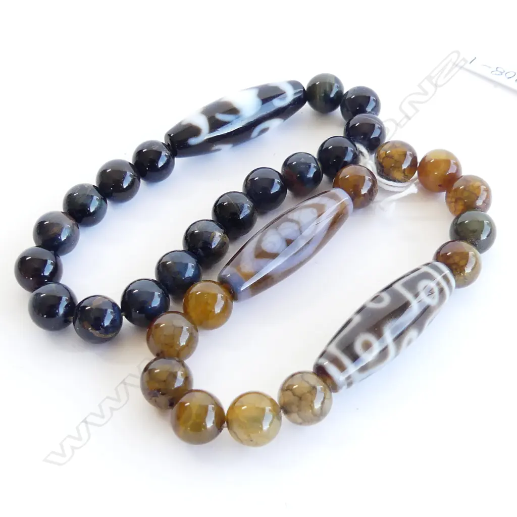 TWO POLISHED STONE AND GLASS TRADE BEAD TYPE BRACELETS Image 1++