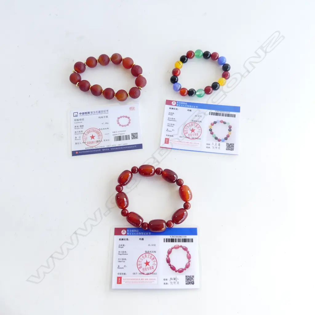 3 ORIENTAL BEADED BRACELETS w. CERTIFICATES Image 1++