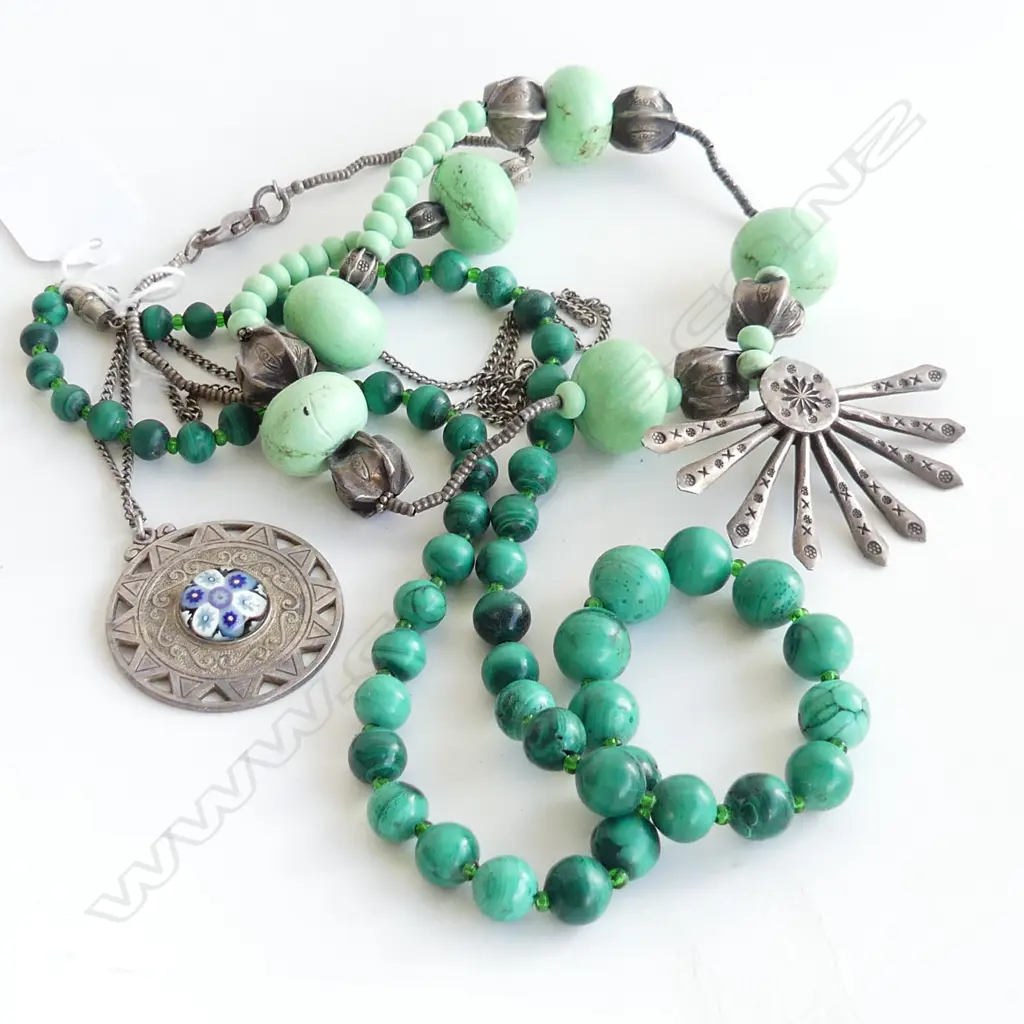 3 NECKLACES: MALACHITE + SILVER & MILLIFIORI GLASS + TURQUOISE? Image 1++