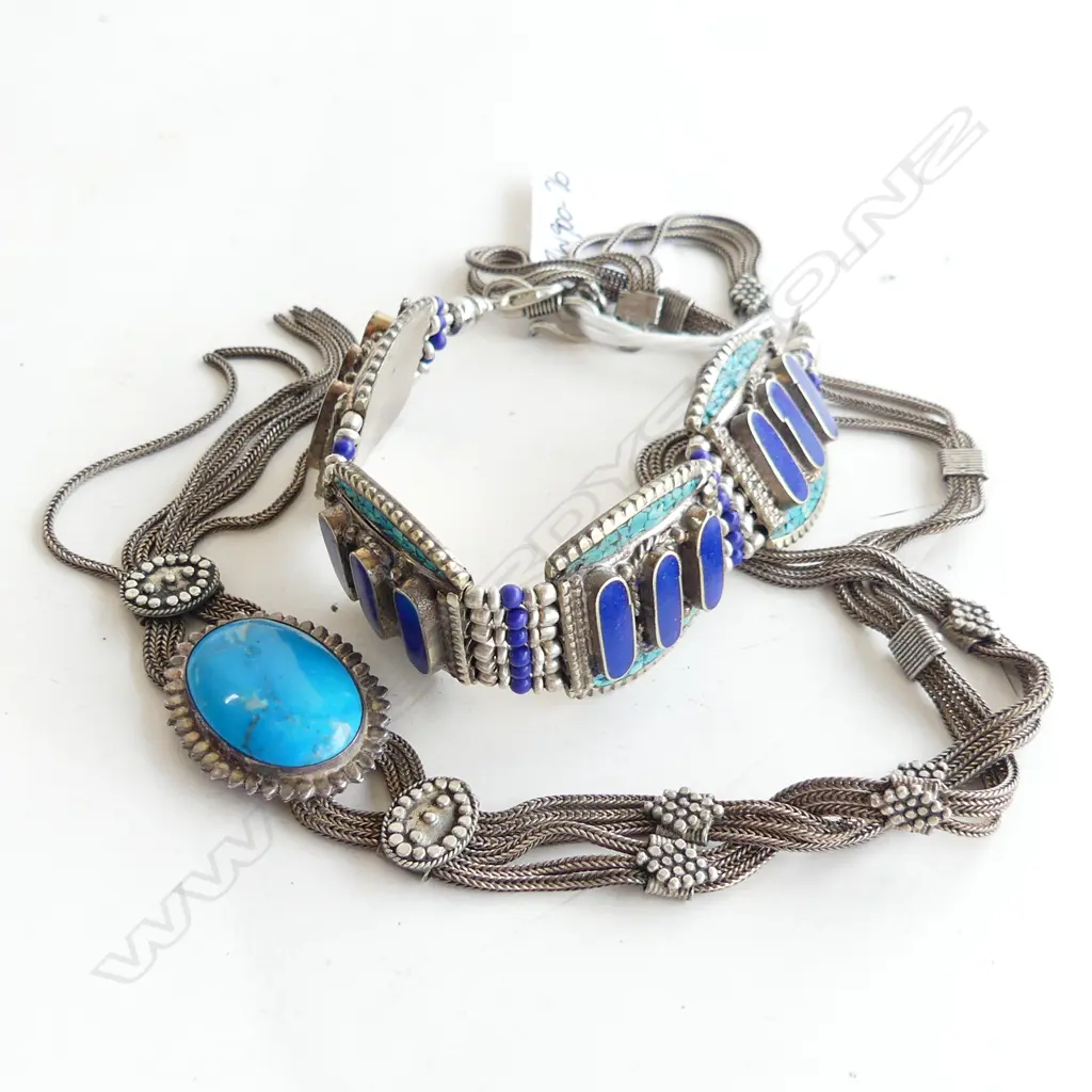SILVER TURQUOISE & LAPIS LAZULI BRACELET & NECKLACE Ex. Jill Mandeno estate Image 1++