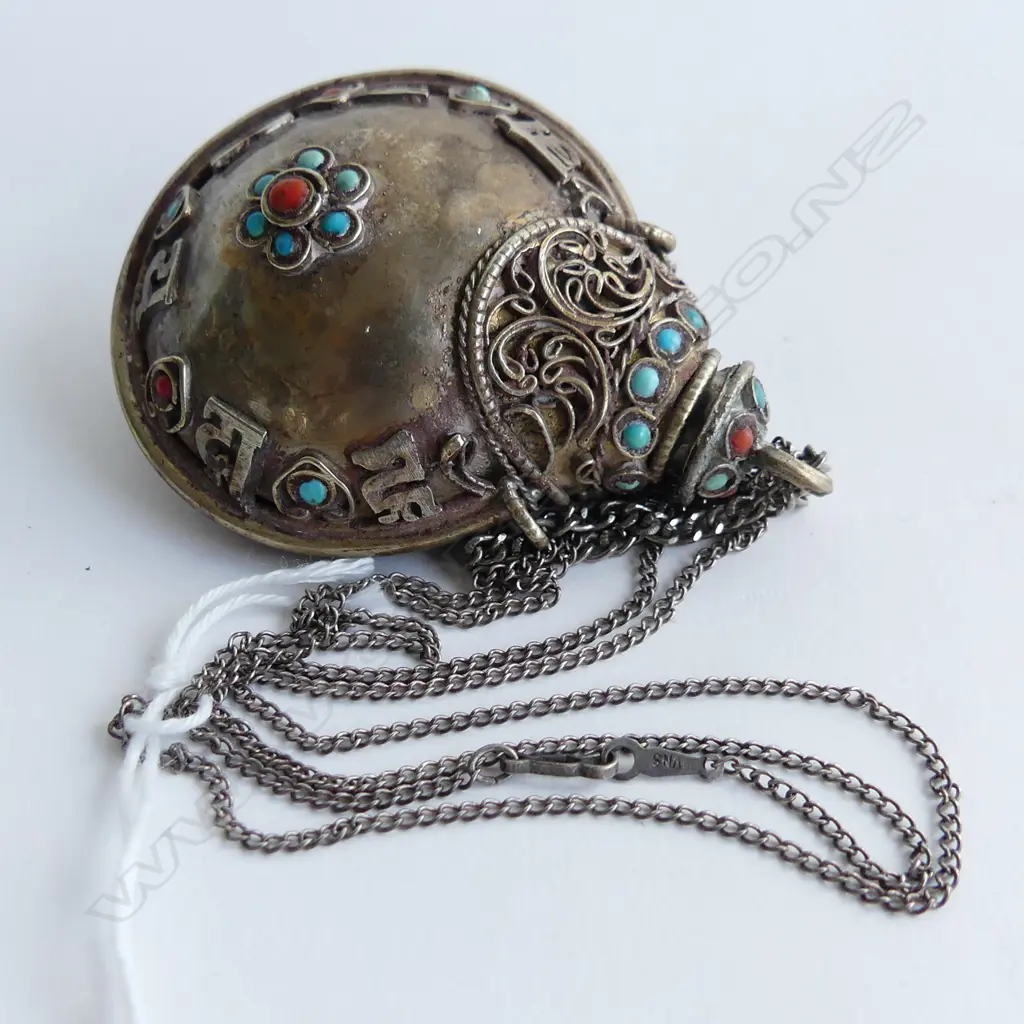 SILVER TRIBAL PERFUME FLASK WITH STONES on chain Ex. Jill Mandeno estate Image 1++