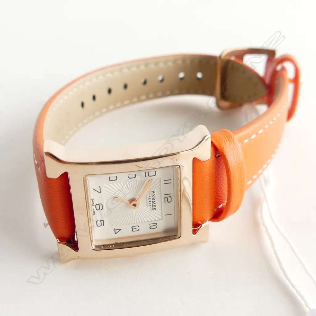 REPLICA LADIES GOLD PLATED WATCH, QUARTZ SWISS MOVEMENT & ORANGE LEATHER STRAP, WORKING Image 1++