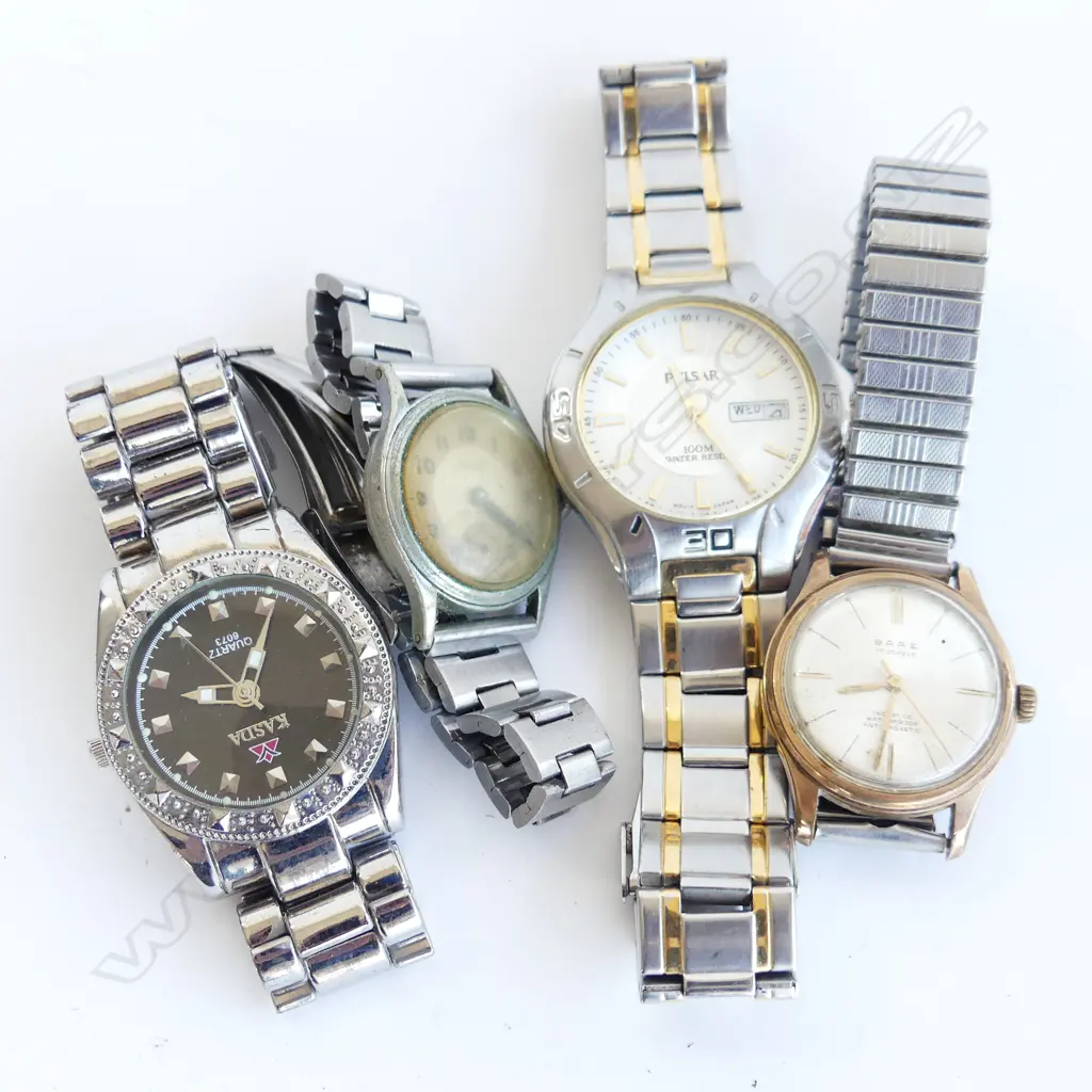4 VINTAGE GENTS WRIST WATCHES. PULSAR. BAAZ. RALCO & KASDA Image 1++