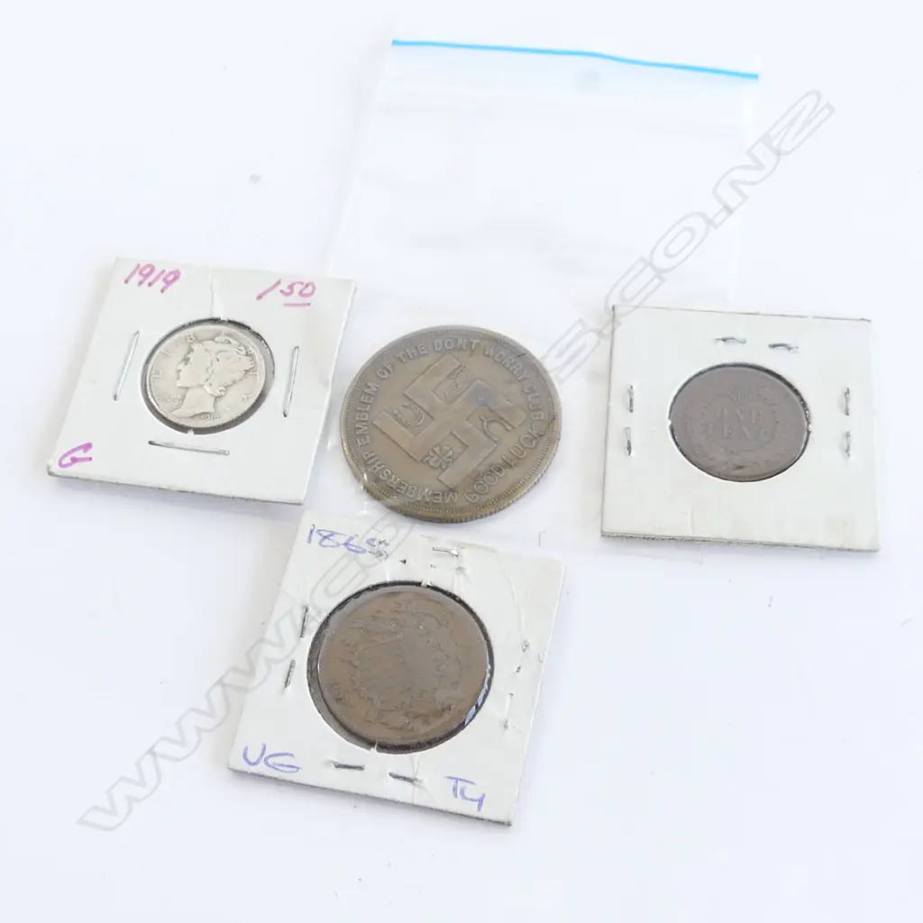 3 OLD USA COINS + DON'T WORRY CLUB TOKEN: 1906 1c + 1865 2c + 1919 1 DIME Image 1++