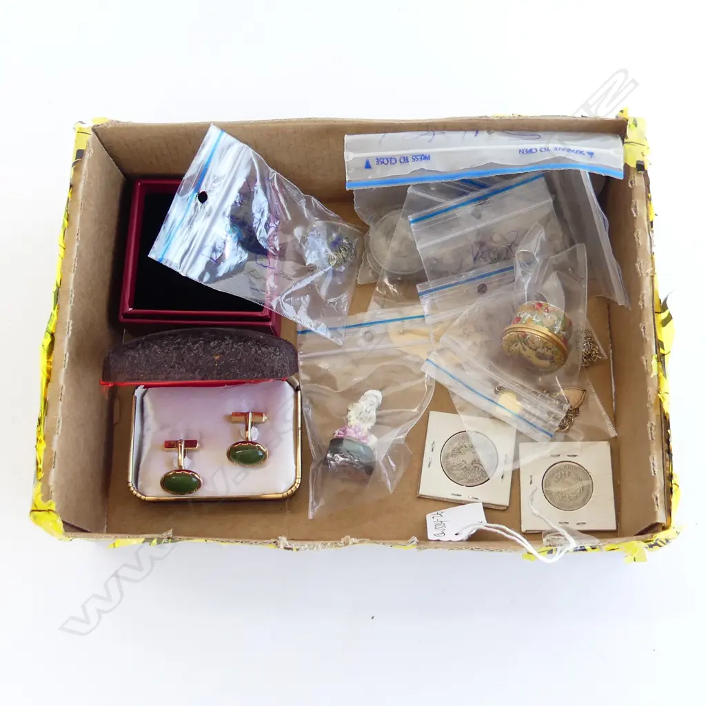 ASST COINS & JEWELLERY ETC. Frog seal + enamel pillbox + cufflinks... Image 1++