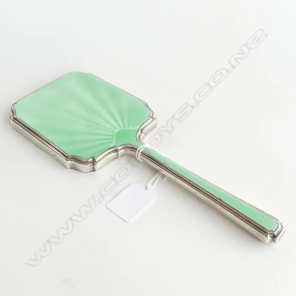 DECO STERLING SILVER AND GUILLOCHE GREEN ENAMEL HAND MIRROR MAPPIN & WEBB LONDON 1940 L. 270MM  Image 1++