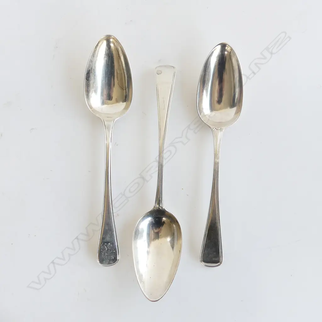 3 GEO.III SILVER OLD ENGLISH & THREAD TABLE SPOONS 212gm. London 1792. 1796. 1814 Image 1++