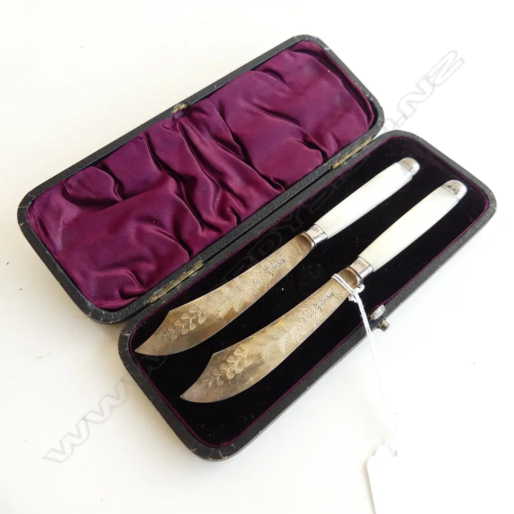 PR SILVER ENGRAVED BUTTER KNIVES MOP HANDLES BOXED Image 1++