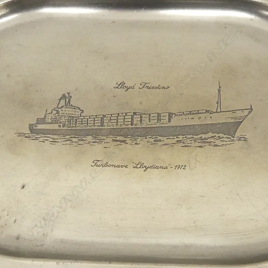 EP WINE COASTER/BERRY SPOON AND PEWTER TRAY WITH SHIP ENGRAVING LLOYD TRIESTINO L  300 MM Image 1++