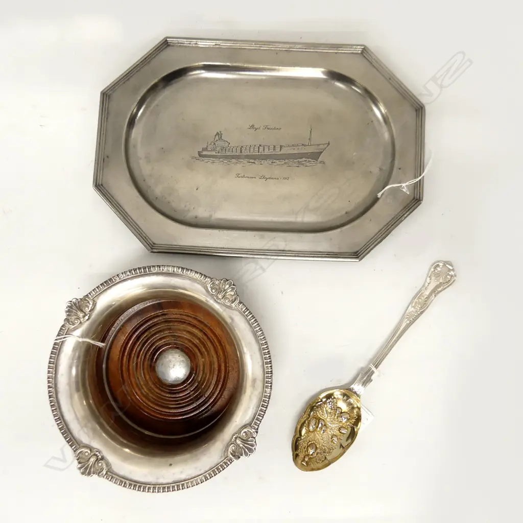 EP WINE COASTER/BERRY SPOON AND PEWTER TRAY WITH SHIP ENGRAVING LLOYD TRIESTINO L  300 MM Image 1++