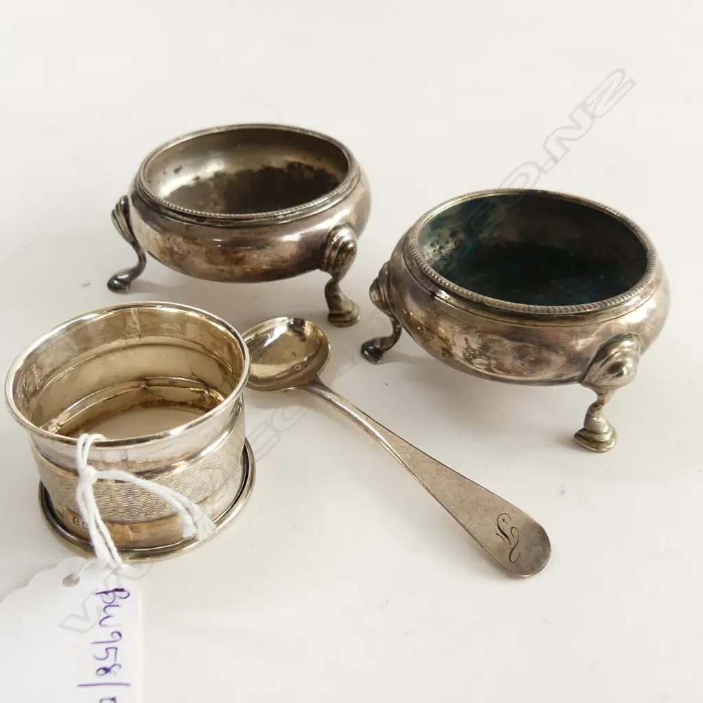 PR STG SILVER SALTS, LONDON 1760 + STG NAPKIN RING & SPOON 111 GRAMS Image 1++