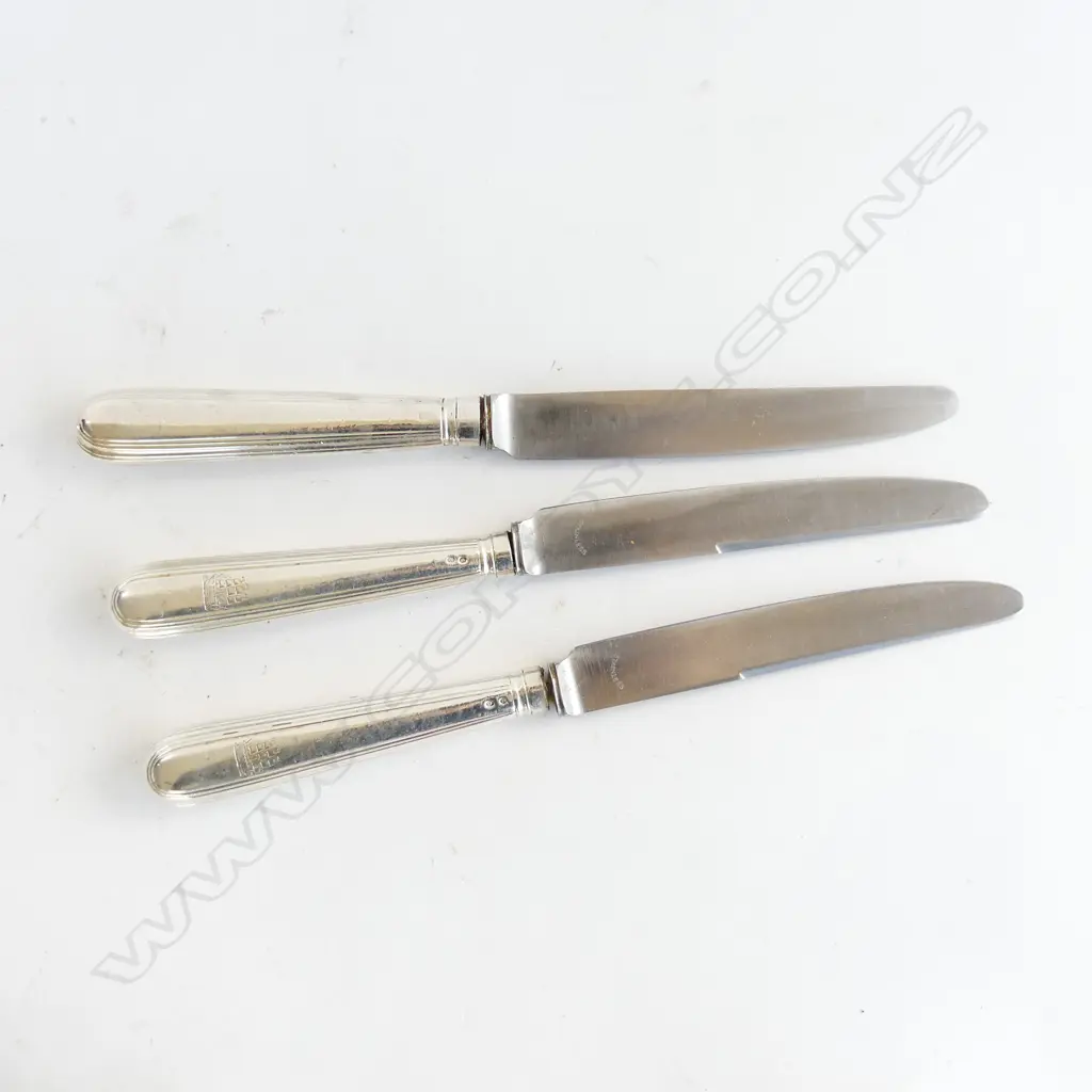 set 12 ANTIQUE SILVER HANDLED TABLE KNIVES engraved w sailing ship some faults Image 1++