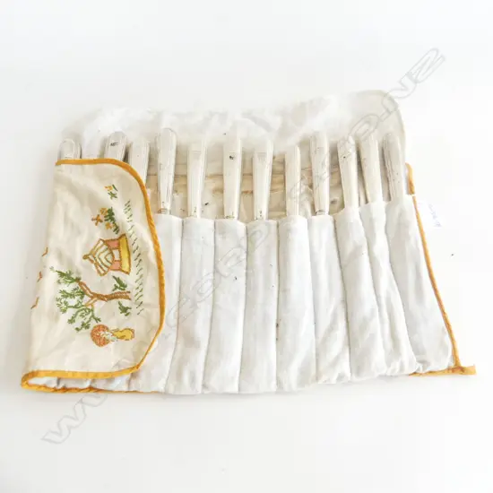 set 12 ANTIQUE SILVER HANDLED TABLE KNIVES engraved w sailing ship some faults