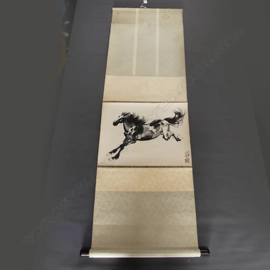 3 OLD ORIENTAL SCROLLS. Running horse + blossom & bird + mountainous landscape Image 1++