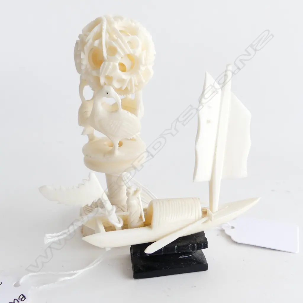 CHINESE FAUX IVORY PUZZLE BALL ON STAND (H. 110MM) + JUNK ON WOODEN STAND (A/F) (L.90MM) Image 1++