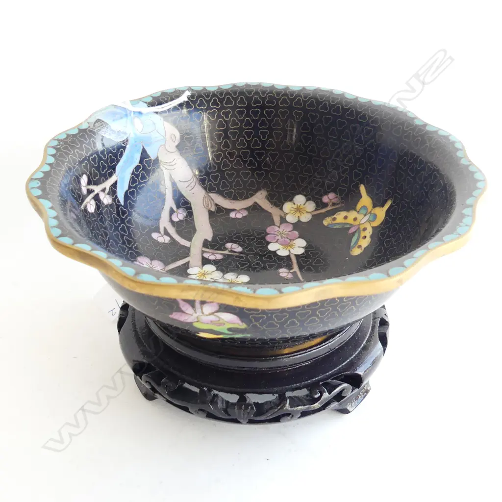 BLACK CLOISONNE BOWL 175mm dia ON STAND  Image 1++