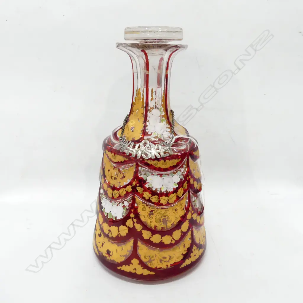 EDWARDIAN HAND PAINTED WHISKEY DECANTER WITH STG SILVER WHISKEY LABEL H. 250MM Image 1++