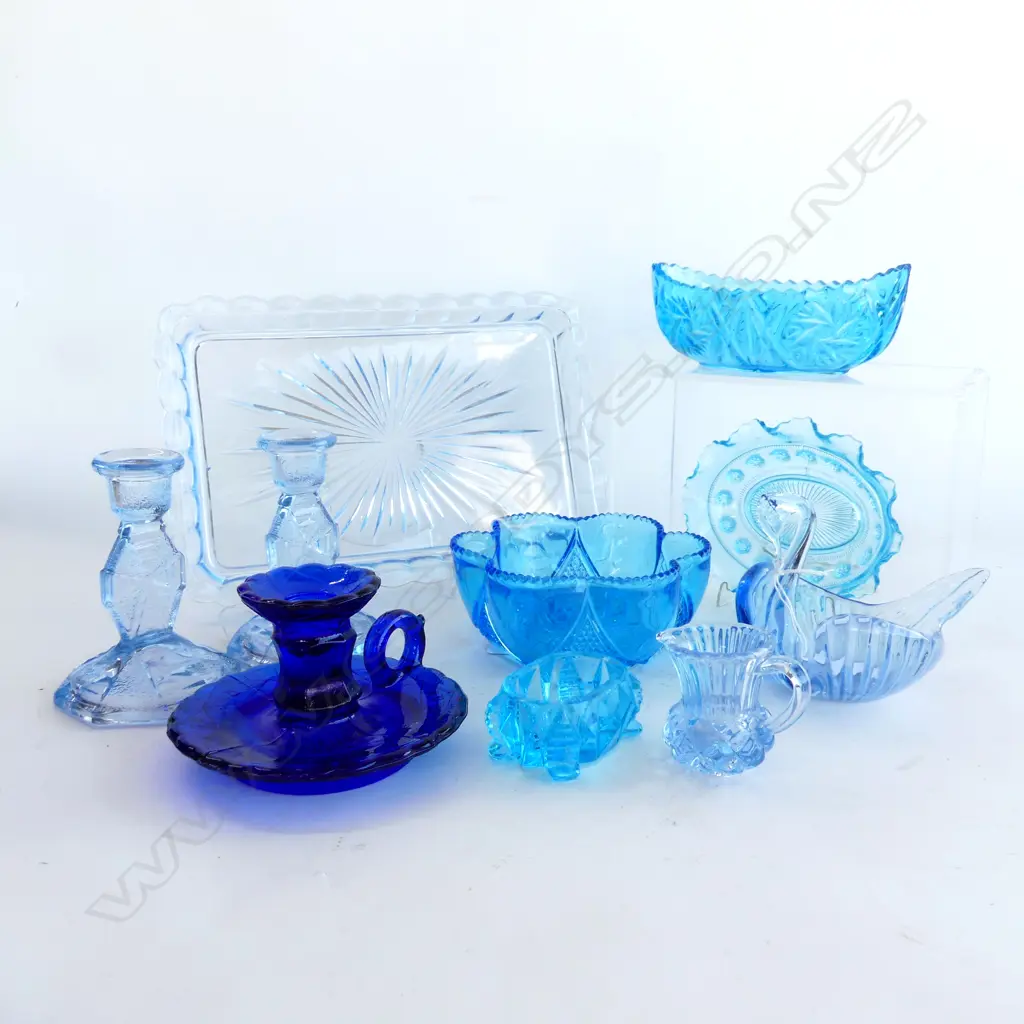10 PCS BLUE GLASS, INCL DEPRESSION, SWAN DISH, ART DECO CANDLE HOLDERS, JUG, TRAY, COBALT CANDLE HOLDER , BOWLS Image 1++