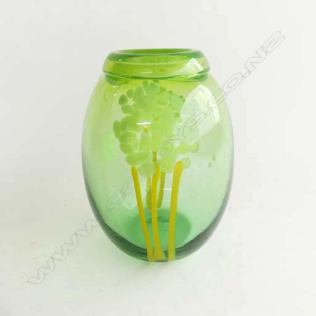 Tony Kuepfer ART  GLASS BLOWN GREEN VASE signed AWK 4-15. Floral yellow highlights H.180mm Image 1++