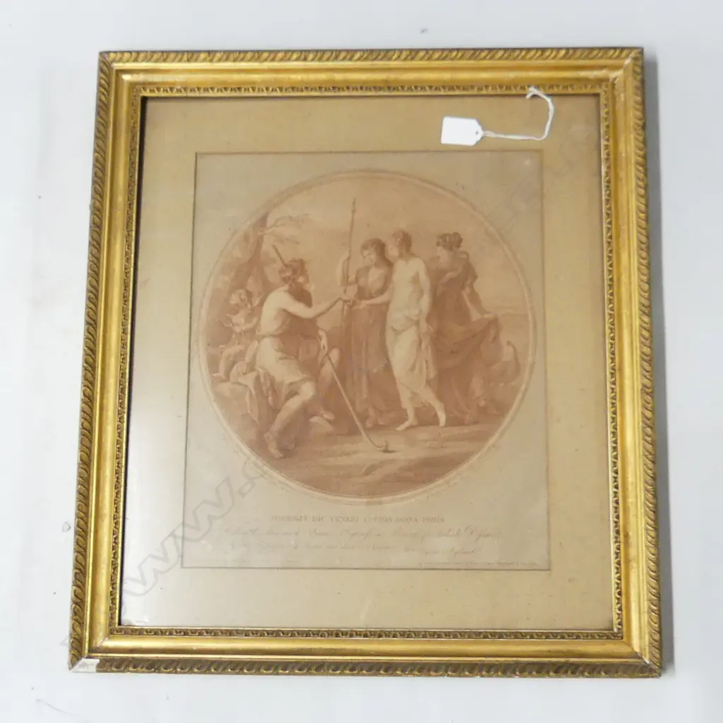 ANTIQUE FRENCH PRINT 'PORRIGIT HIC VENERI LUCIDA DONA PARIS' 470x410mm GILT FRAME Image 1++