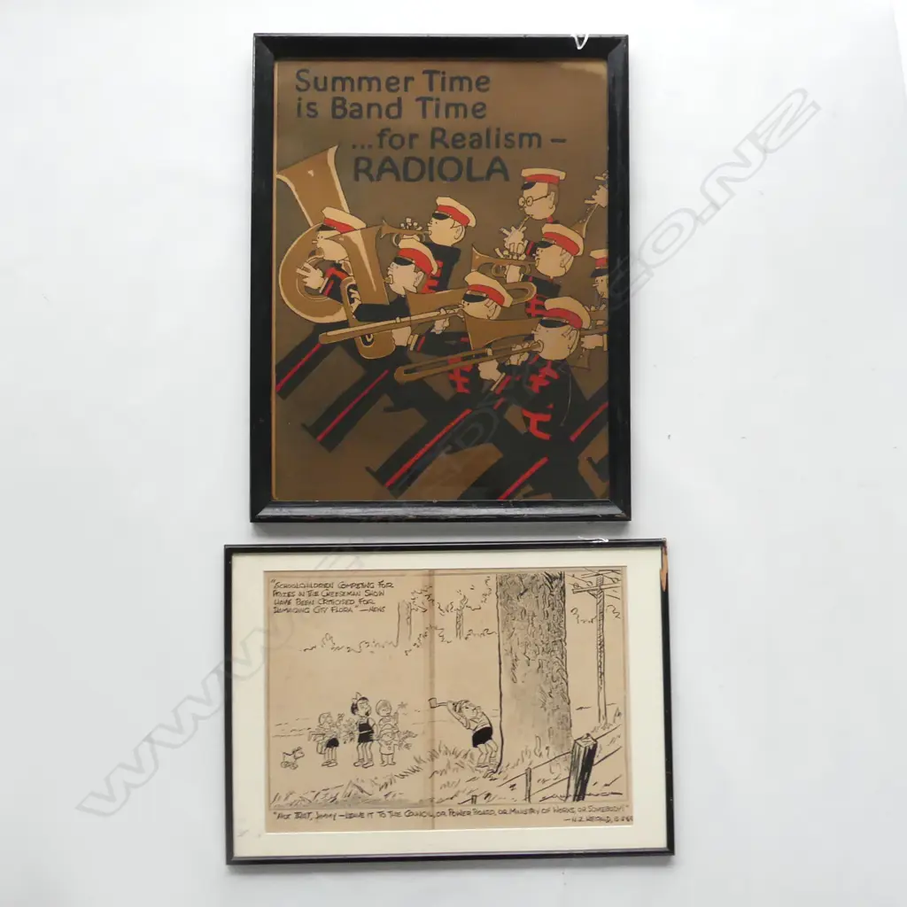 FRAMED ORIGINAL RADIOLA  ADVERTISING POSTER C1940'S (520 X 395MM) & 1969 GORDON MINHINNICK CARTOON PRINT (420 X 300MM) Image 1++