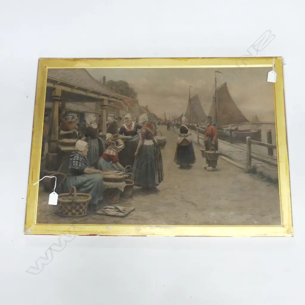 AFTER HENRI HOUBEN (1858-1931), THE FISH MARKET IN HOLLAND, HAND COLOURED LITHOGRAPH 470x685mm Image 1++