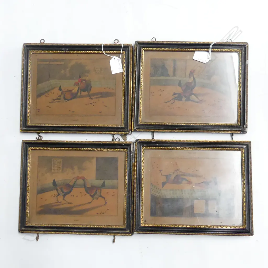 SET OF 4 ANTIQUE COCK FIGHTING PRINTS; FIGHT / THROAT / SET TOO / DEATH 155x200mm Image 1++
