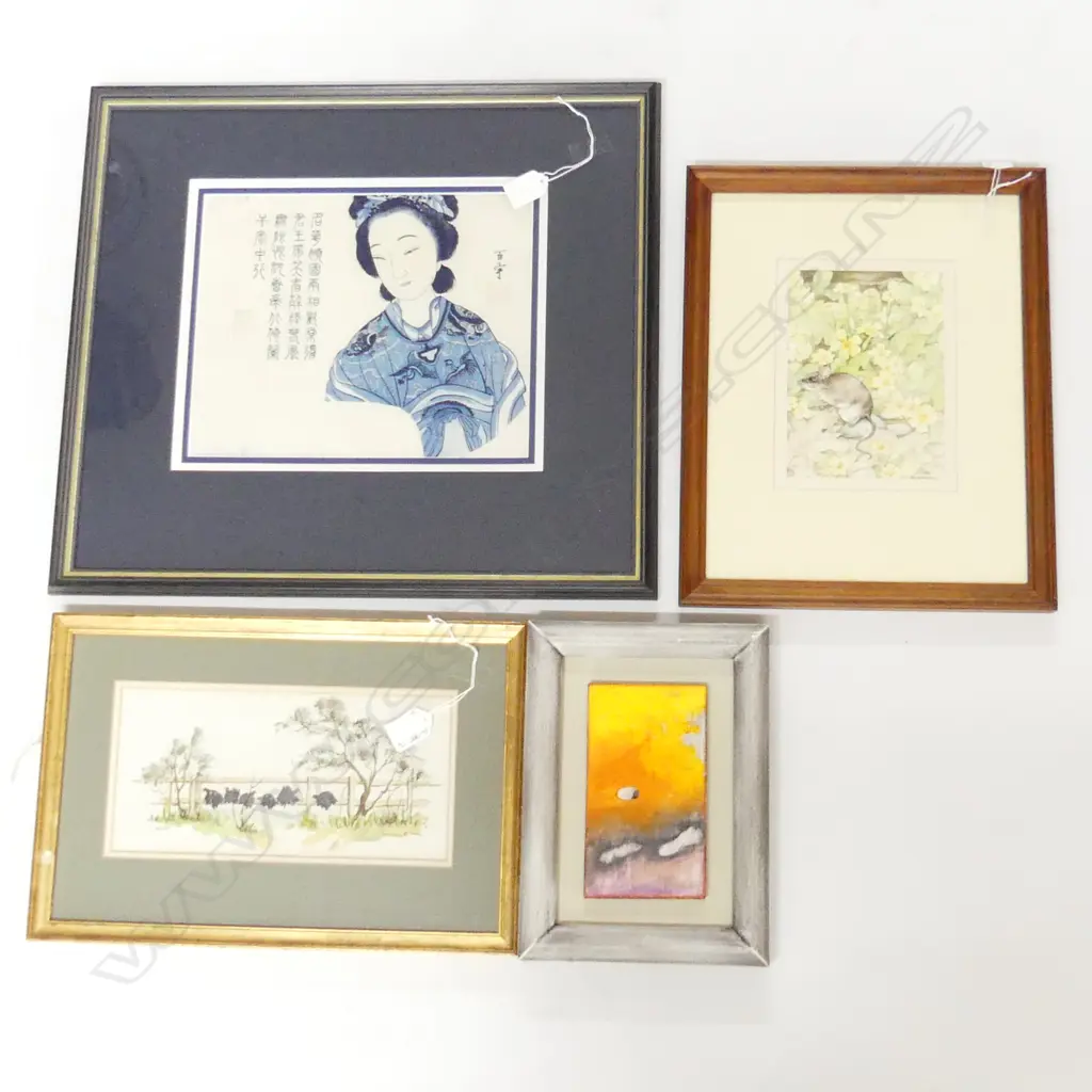 4 ARTWORKS: JAPANESE PRINT. MODERN ACRYLIC ON BOARD + ALLEN W/C TURKEYS + RHR WYNEE W/C MOUSE  Image 1++