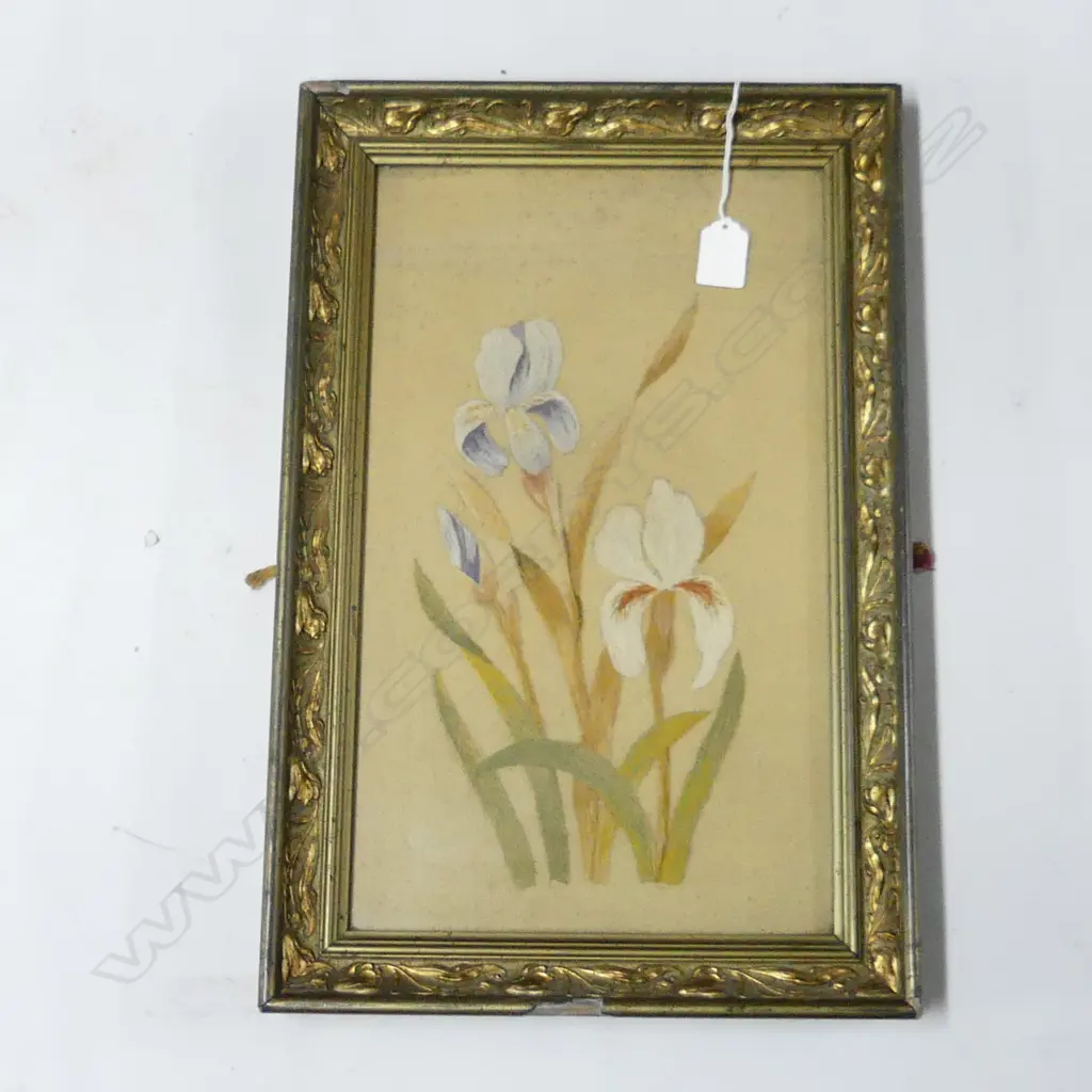 EARLY NORSEWOOD NZ WOOL EMBROIDERY OF ORCHIDS IN FRAME BY A. MORTENSEN C. 1880’S L. 600MM Image 1++