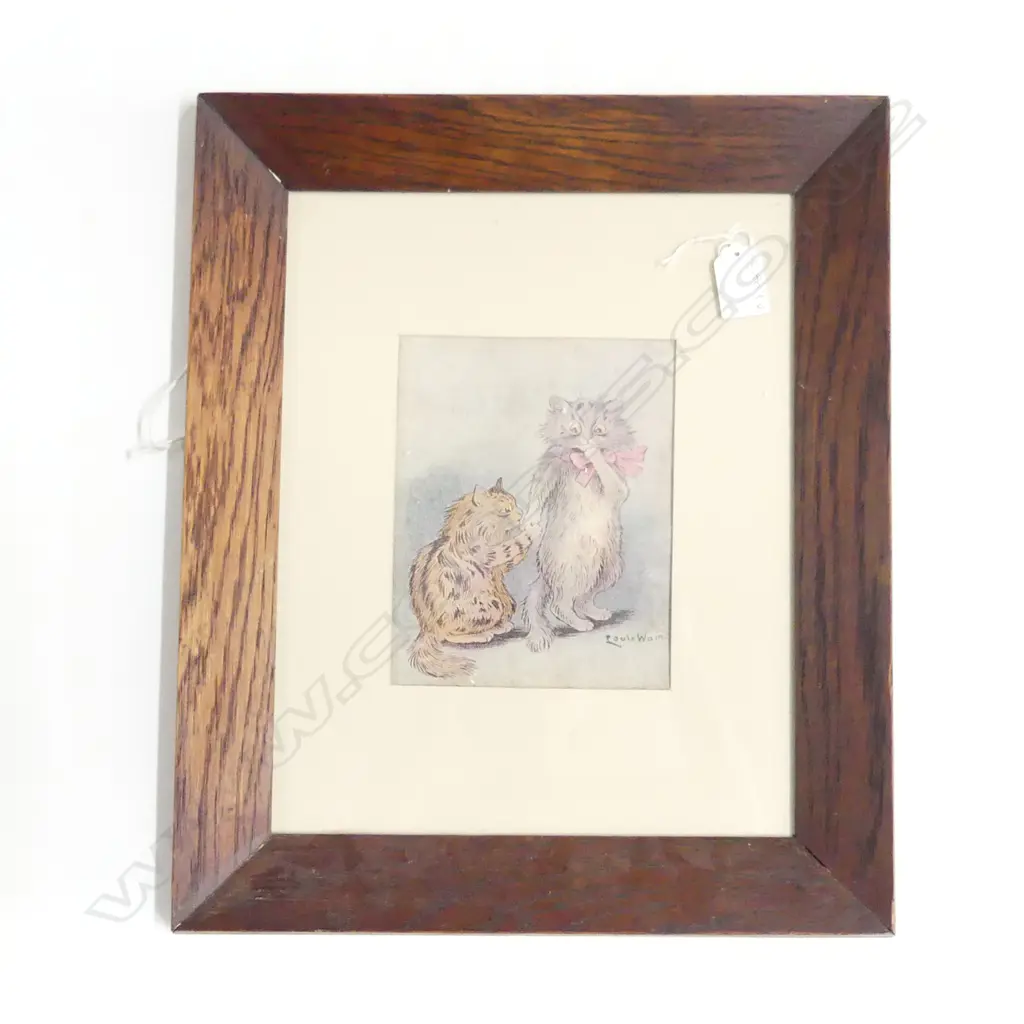 LOUIS WAIN OLD FRAMED PRINT 2 CATS170 X 135mm OAK FRAMED under glass Image 1++