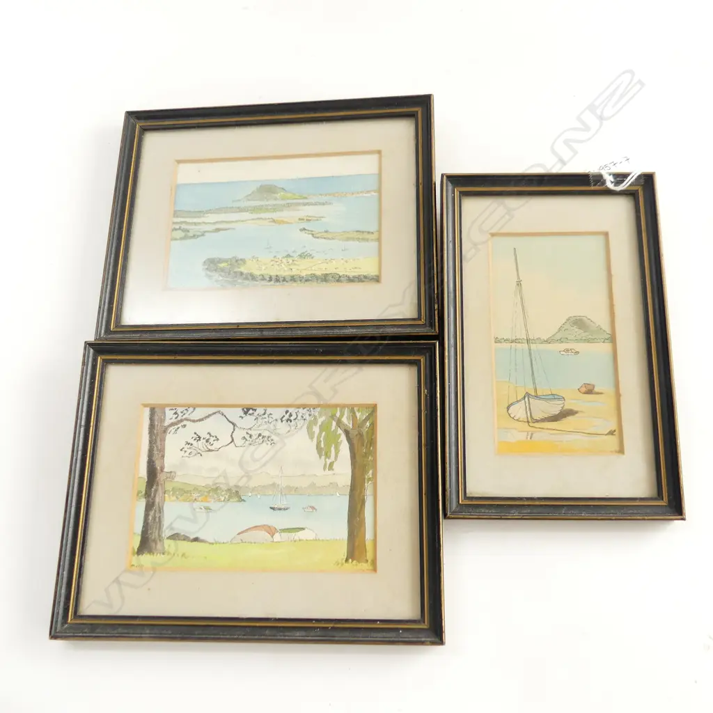 3 NZ MINIATURE FRAMED WATERCOLOURS LARGEST 125 X 80MM Image 1++