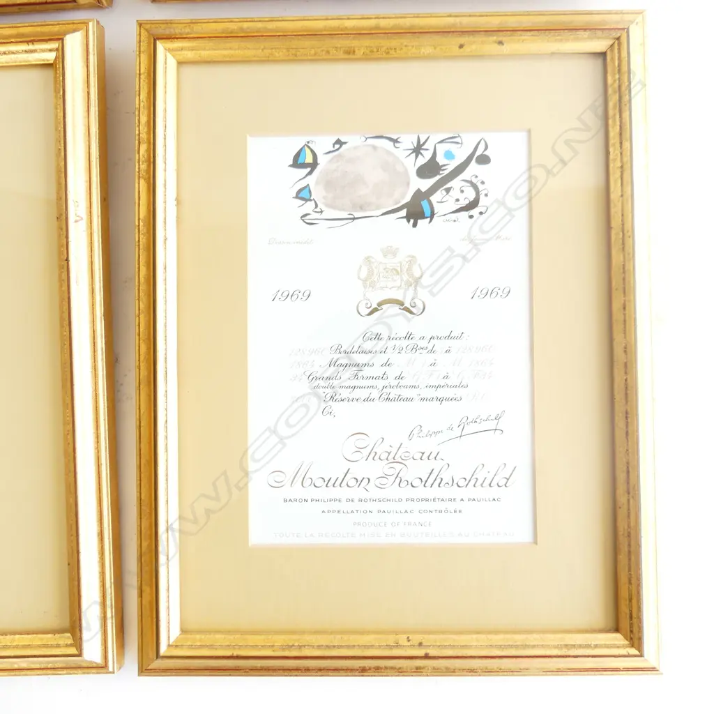 4 CHATEAU MOULON ROTHSCHILD FRAMED WINE LABELS; 1945, 1969, 1987 & 1991 Image 1++