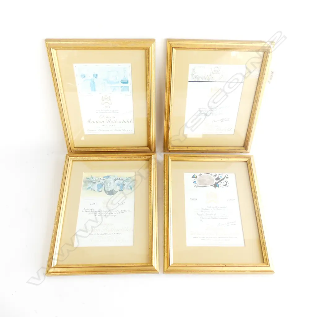 4 CHATEAU MOULON ROTHSCHILD FRAMED WINE LABELS; 1945, 1969, 1987 & 1991 Image 1++