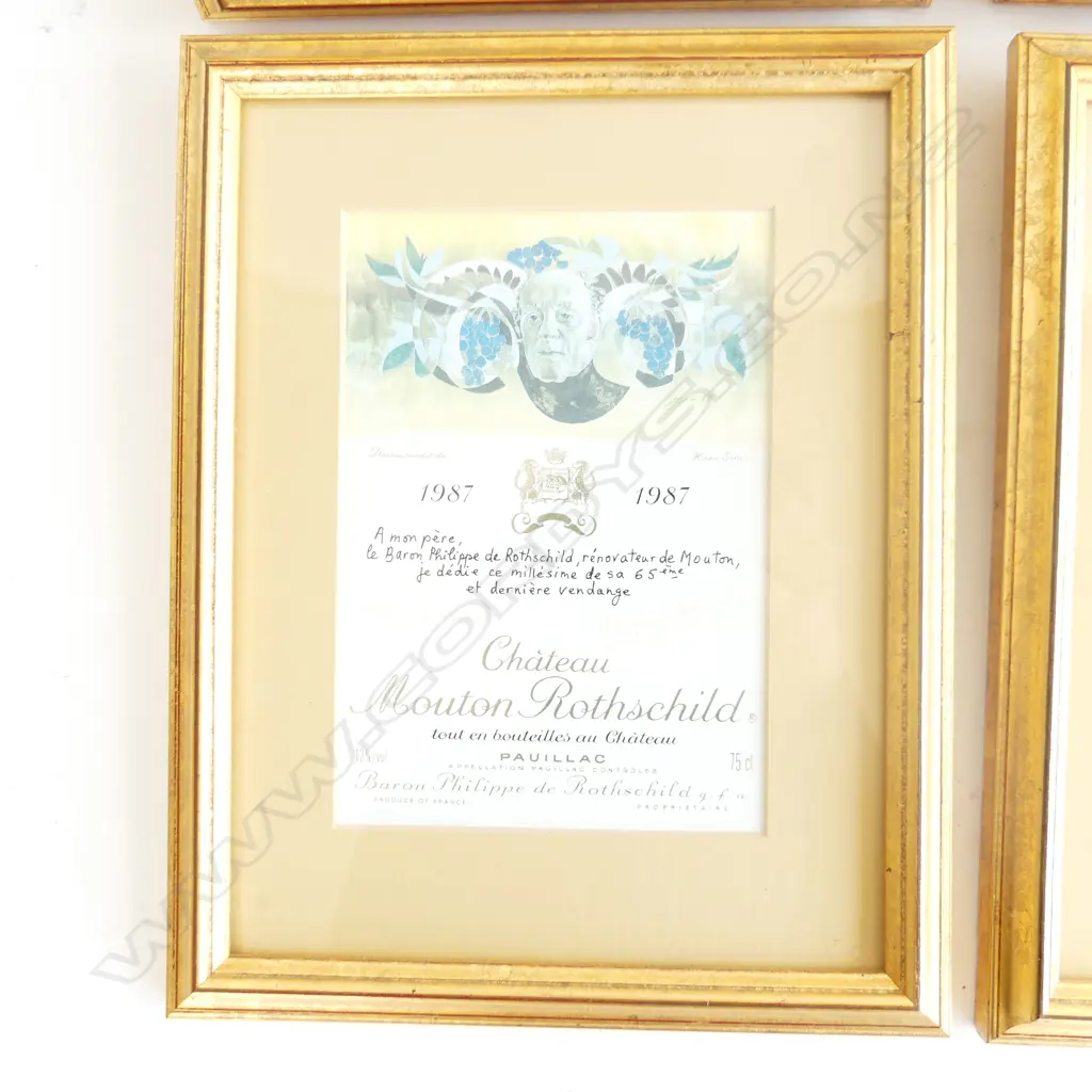 4 CHATEAU MOULON ROTHSCHILD FRAMED WINE LABELS; 1945, 1969, 1987 & 1991 Image 1++