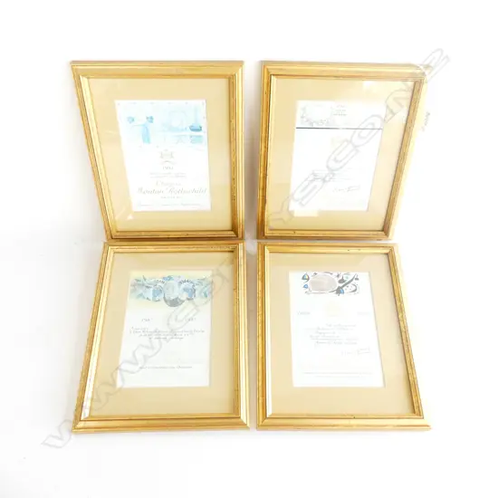 4 CHATEAU MOULON ROTHSCHILD FRAMED WINE LABELS; 1945, 1969, 1987 & 1991