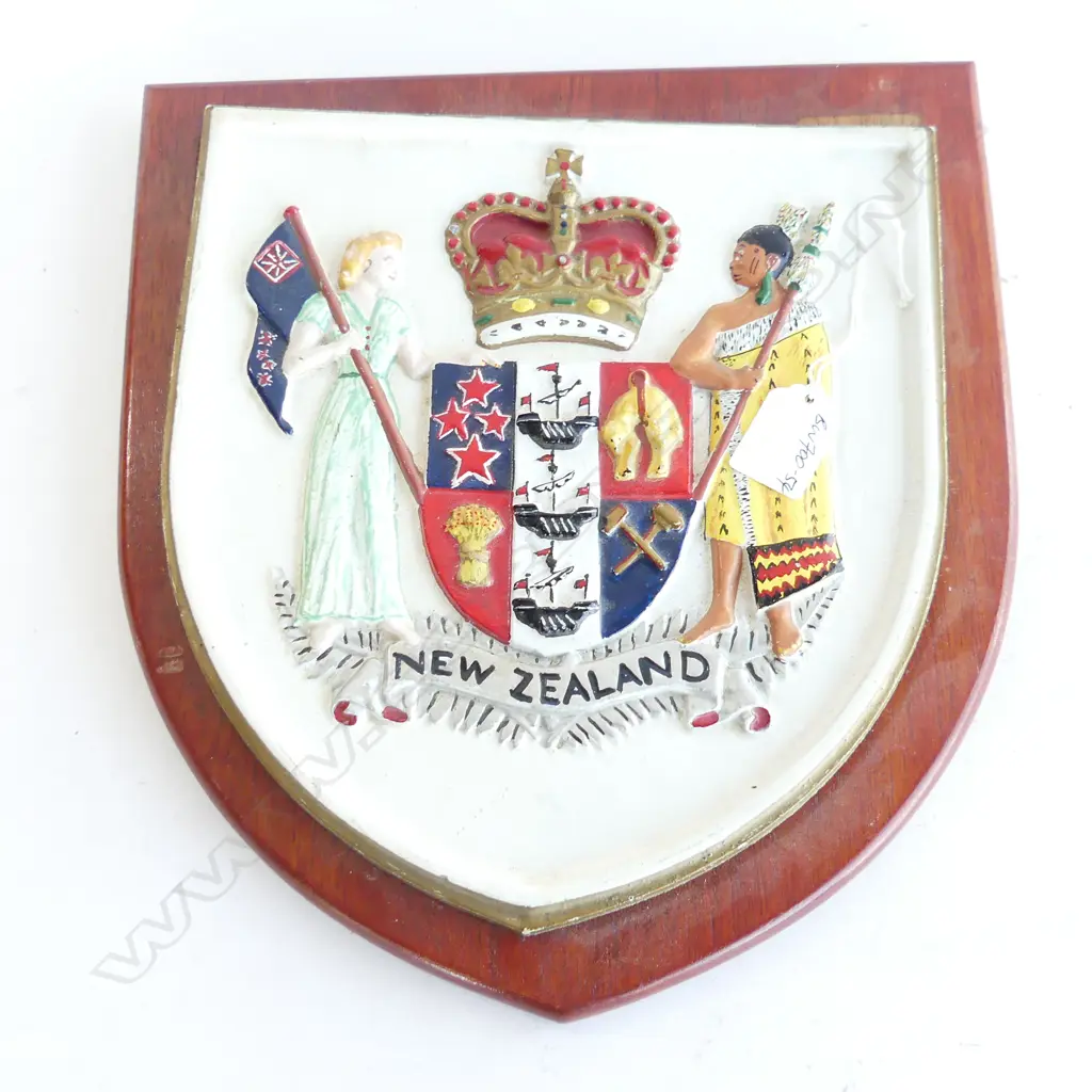 NZ COAT OF ARMS PAINTED METAL PLAQUE ON WOOD SHIELD H.320mm Image 1++