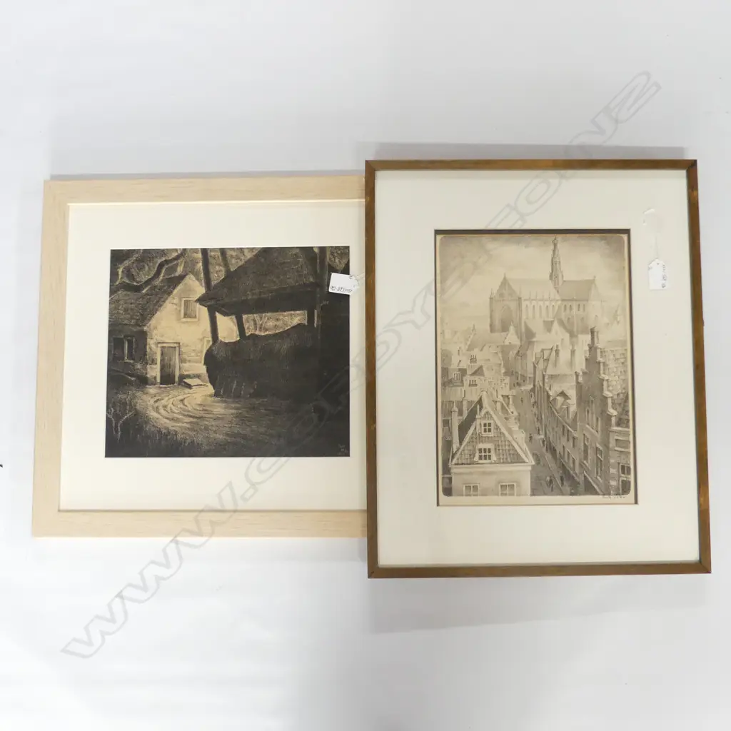 2 ENGRAVINGS by HUIB DE RUE (1902-1980) 'The Church St. Bavo Haarlem' & Farm Yard scene 265x305mm Image 1++