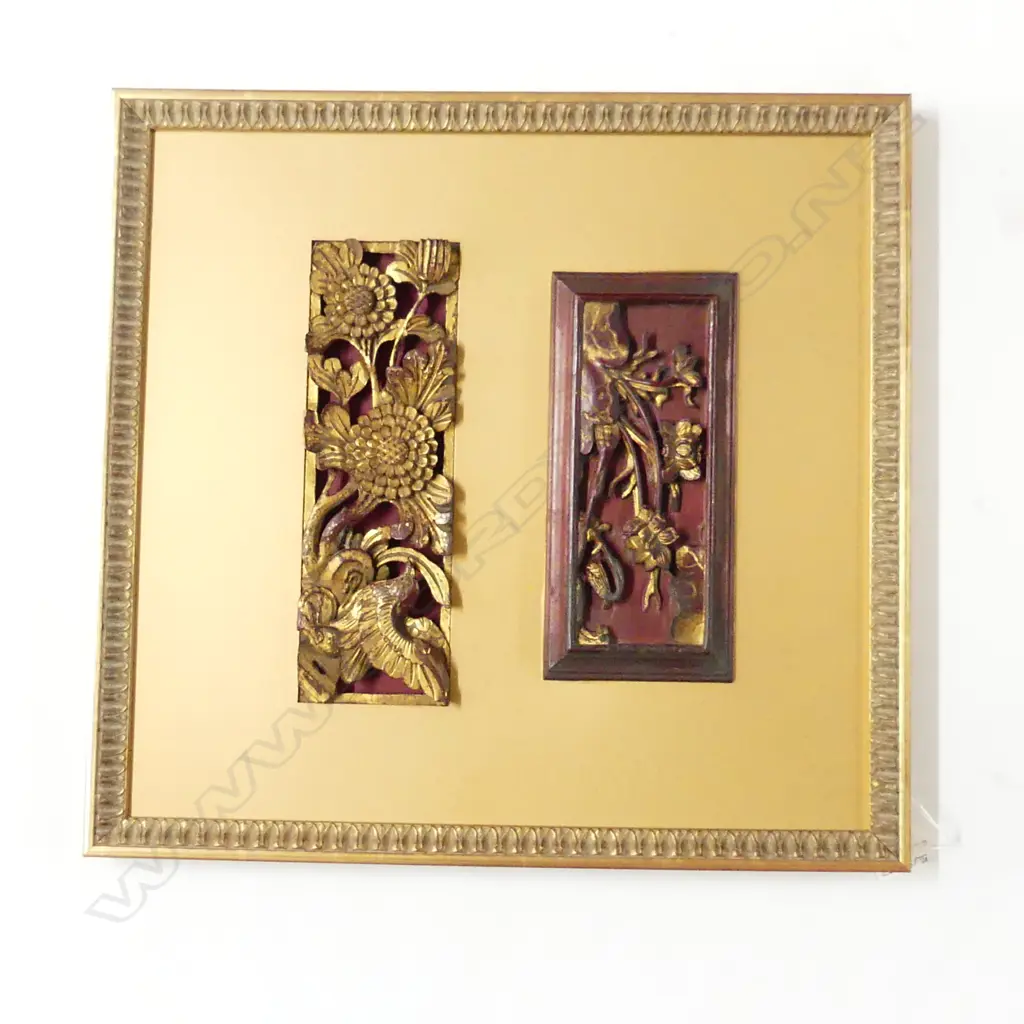 2 ANTIQUE CHINESE CARVED RED LACQUERED & GILDED small panels in frame 455 x 435mm Image 1++