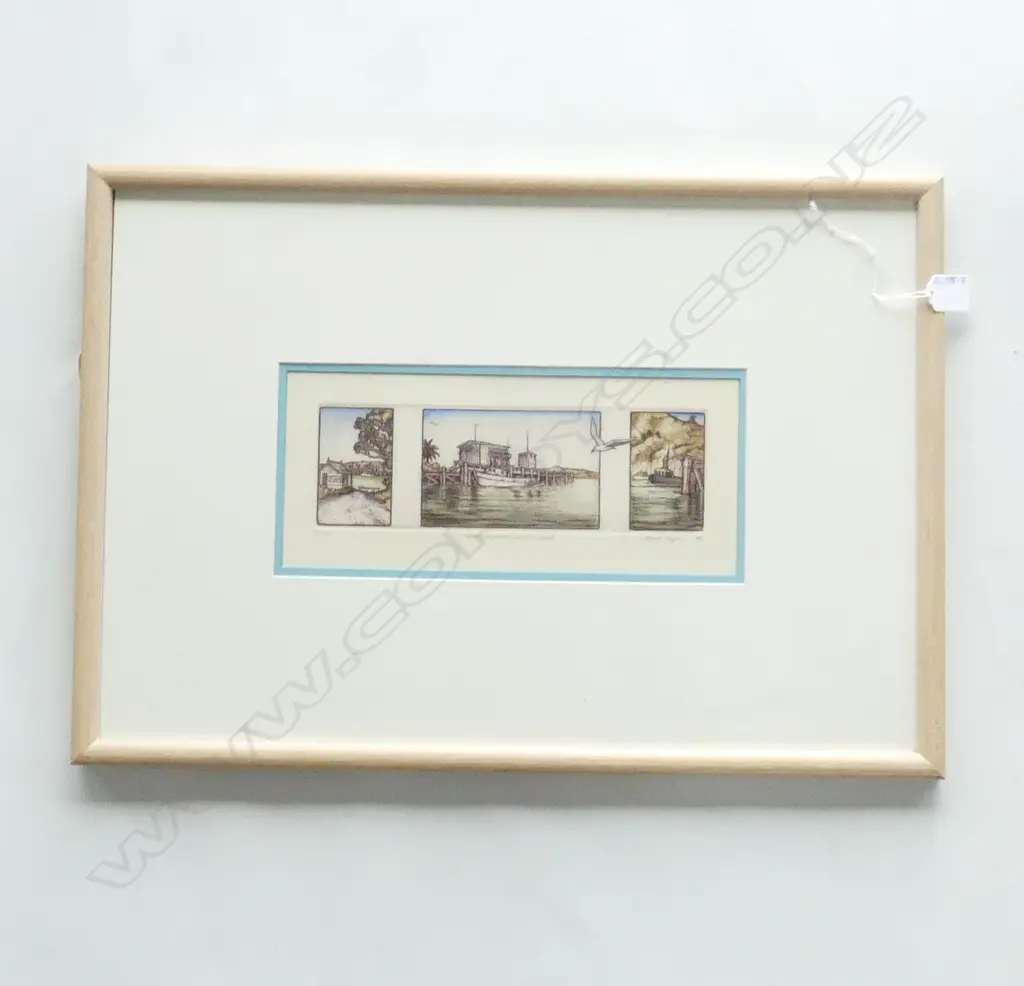 MARY E TAYLOR hand coloured etching 'Whitianga Mercury Bay New Zealand 62/90. 1989. Framed Image 1++