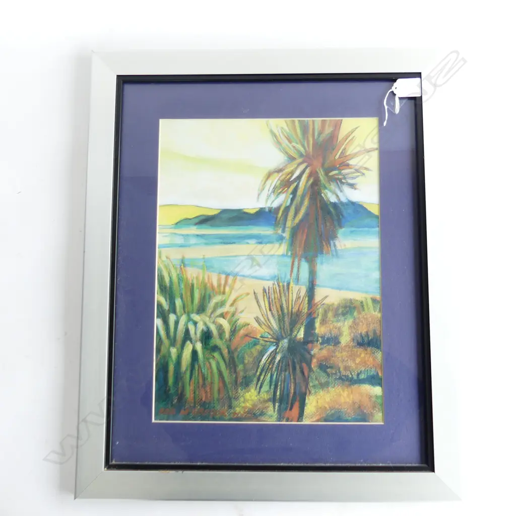 ROB MCGREGOR PRINT COASTAL LANDSCAPE W CABBAGE TREE 380 x 280mm Image 1++