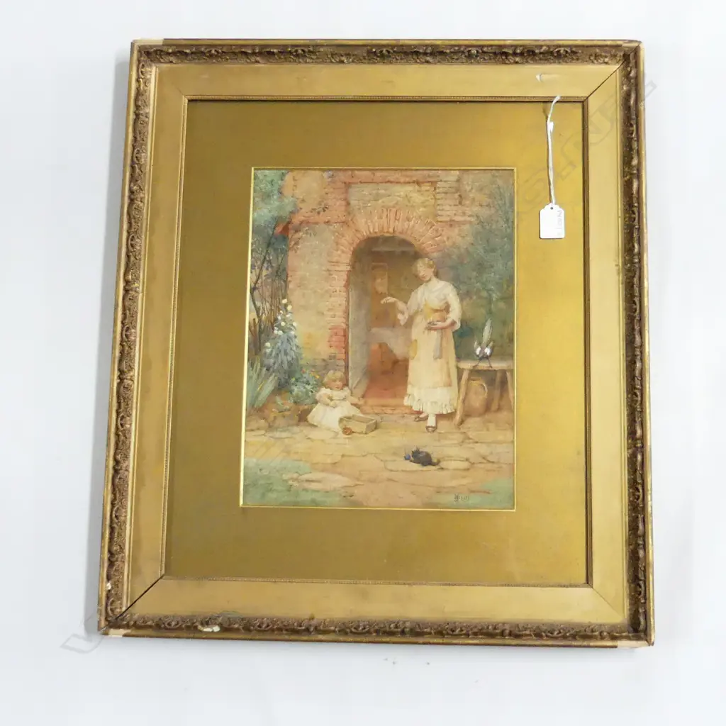 JOHN SCOTT RBA (UK 1850-1918) WOMAN WITH CHILD & KITTEN, W/COLOUR, 345 x 270mm, GILT FRAME Image 1++
