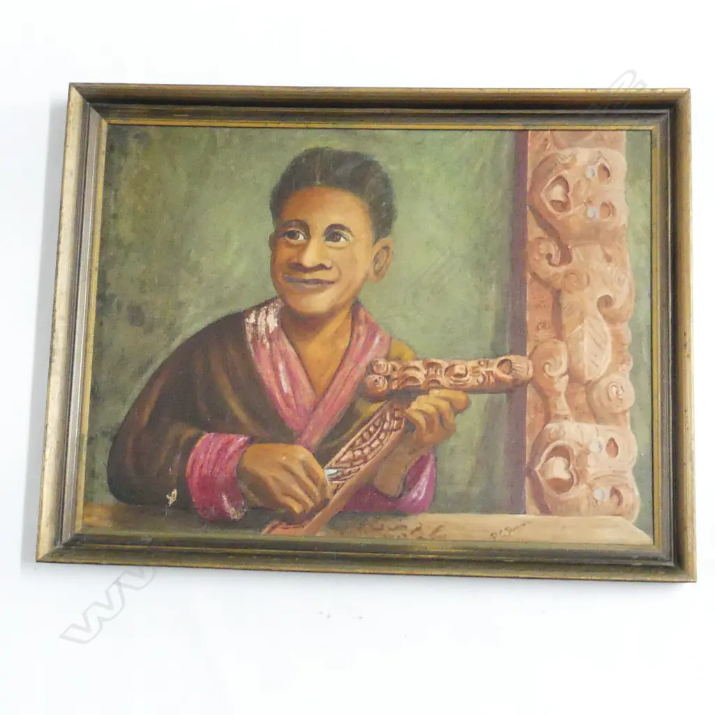 P. C. DENNIS? SIGNED OIL ON BOARD MAORI WOODCARVER 440x595mm Image 1++