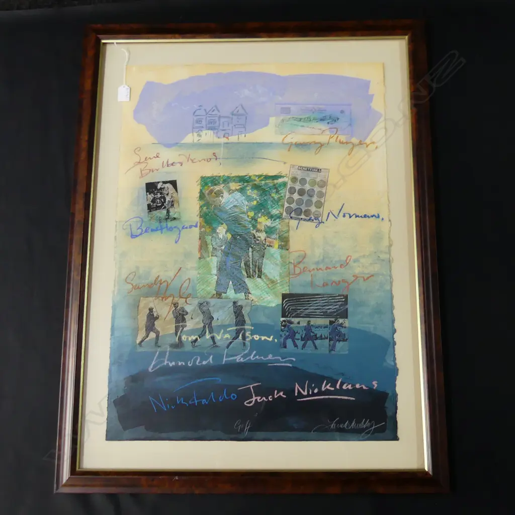 FRED HARLEY (1931-2013) 'GOLF' MIXED MEDIA w. VARIOUS SIGNATURES FROM RYDER CUP PLAYERS 750x540mm Image 1++