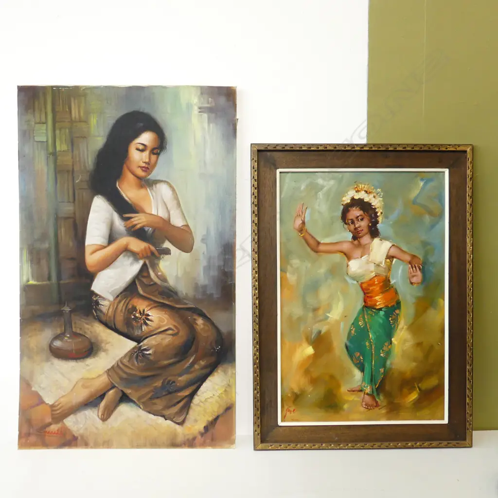 2 LG OIL ON BOARD ARTWORKS - ORIENTAL WOMAN BRUSHING HAIR 1090x655mm; DANCING 750x500mm Image 1++