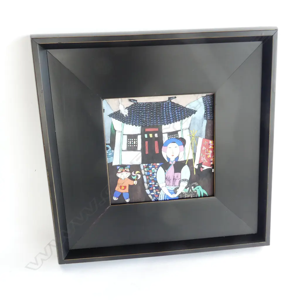 ARTIST UNKNOWN, ORIENTAL WOMAN & CHILD, GOUACHE ON BLACK PAPER, 235 x 235mm LACQUERED FRAME Image 1++