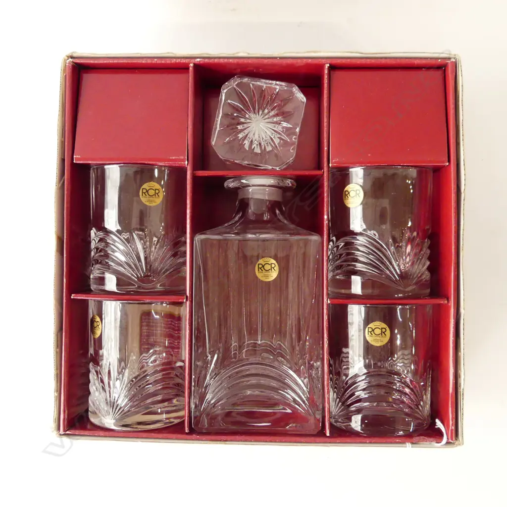 5 PC ROYAL CRYSTAL ROCK (RCR) DRINKS SET; DECANTER & 4 GLASSES - IN ORIGINAL BOX - ALL WITH ORIG. STICKERS Image 1++