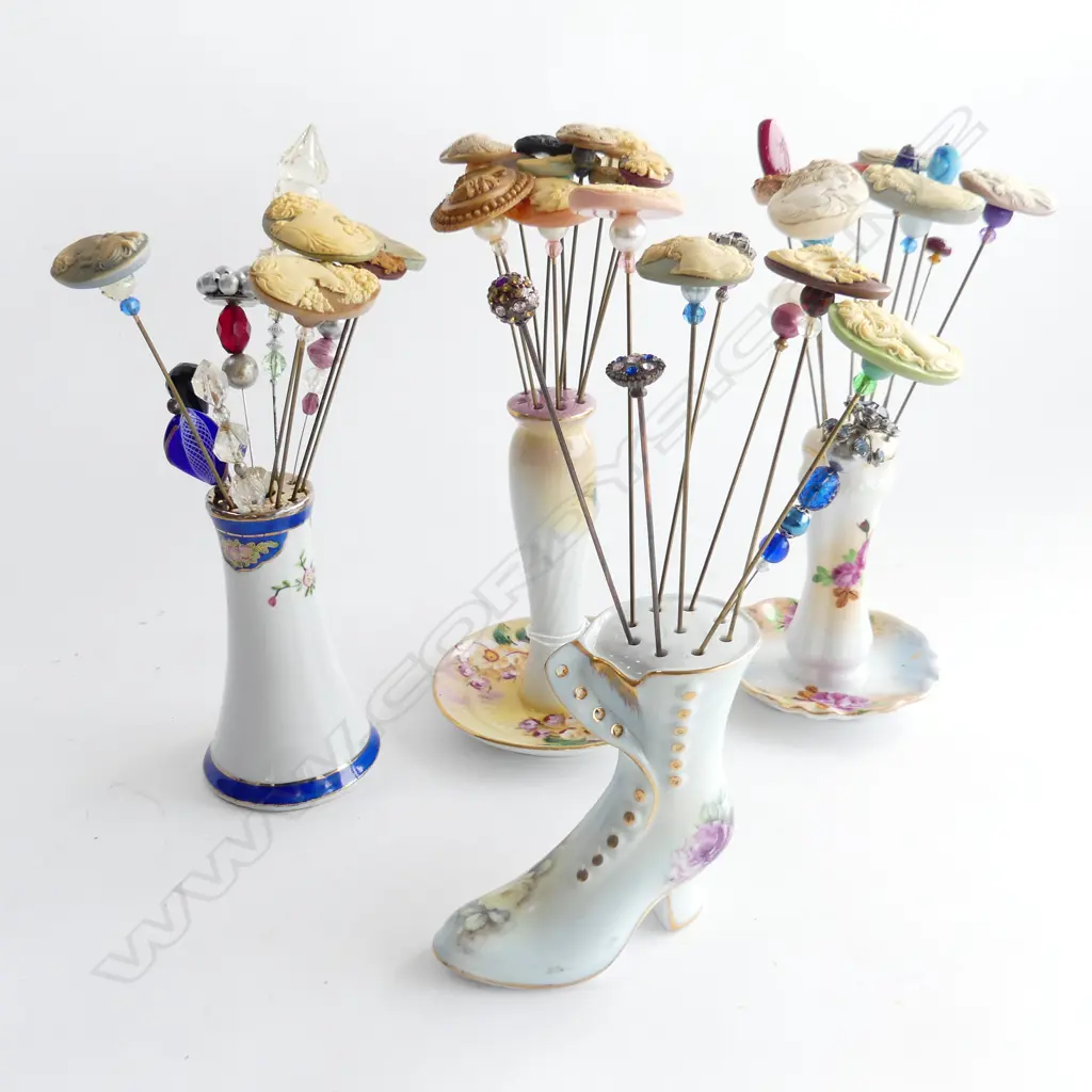 20 ASST. HAT PINS; CAMEOS ETC IN 4 CERAMIC STANDS Image 1++