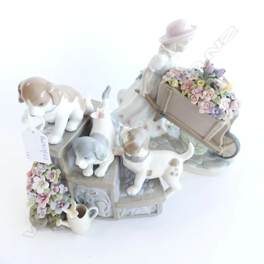 COSMOS CHINA FIG GIRL WITH BARROW H160MM & PUPPYS ON STEPS H150MM Image 1++